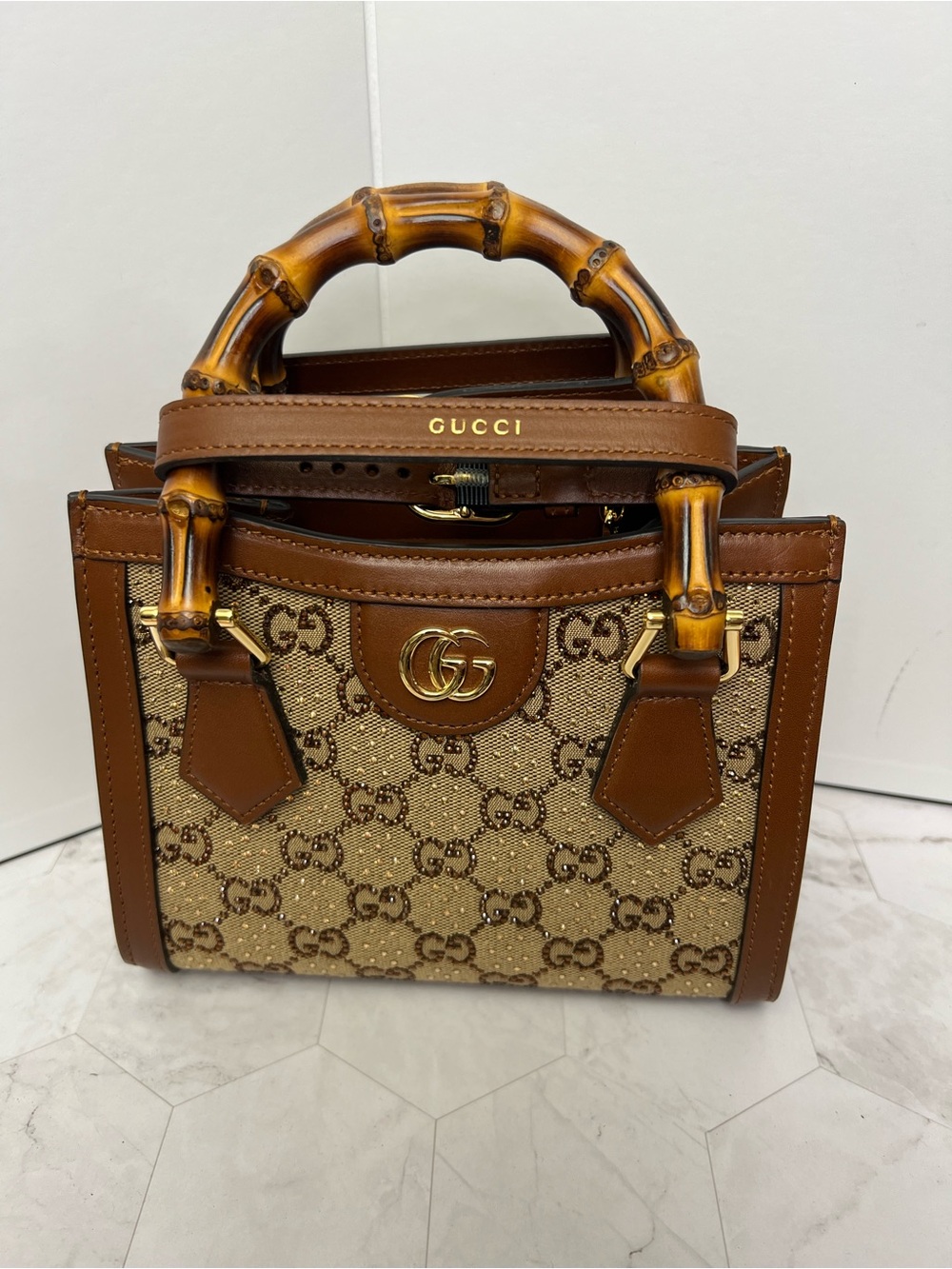 Gucci Brown GG Canvas crystal embellished Bamboo Top Handle Satchel